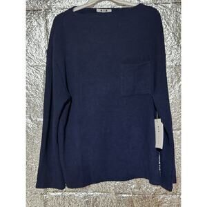 Three Dots Bexley Ribbed Knit Top Peacoat Blue Boatneck Pocket Long Sleeve M NWT